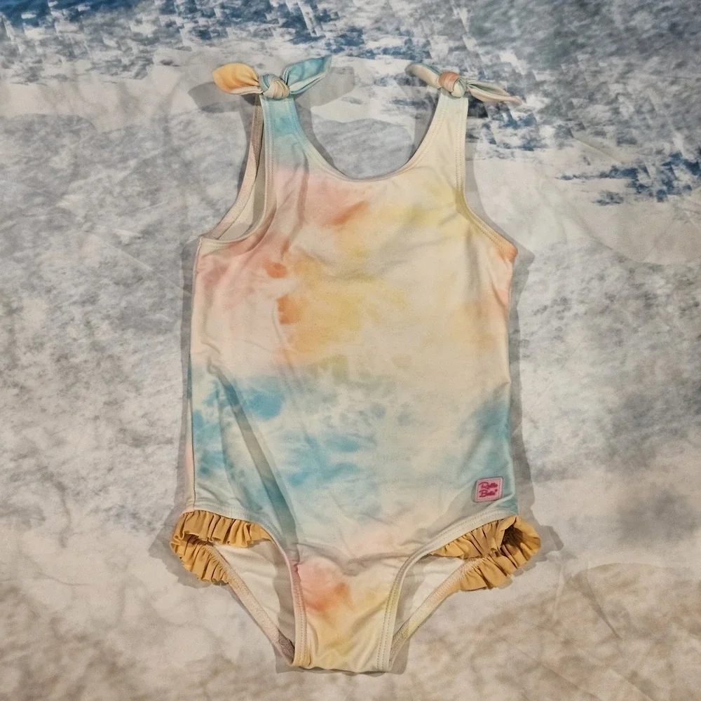RuffleButts Girls 4T One Piece Swimsuit Pastel Tie Dye Blue Orange Pink